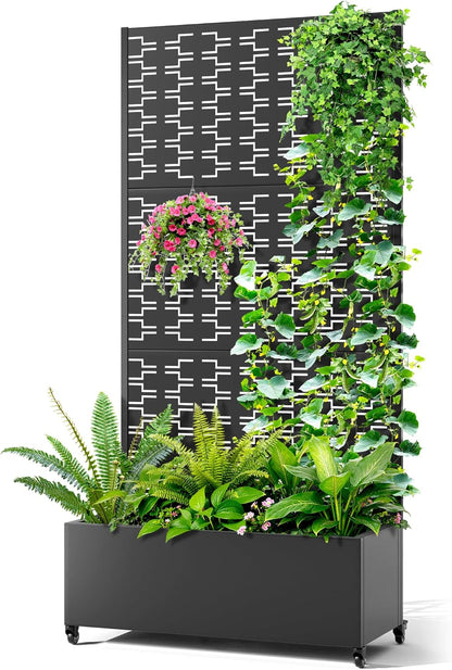 Metal Raised Garden Bed with Trellis, 2-in-1 Planter Box & Privacy Screen for Climbing Plants, Outdoor Standing Flower Bed with Drainage Holes, 35.4" L x 15.7" W x 70.1" H, Black-Brick