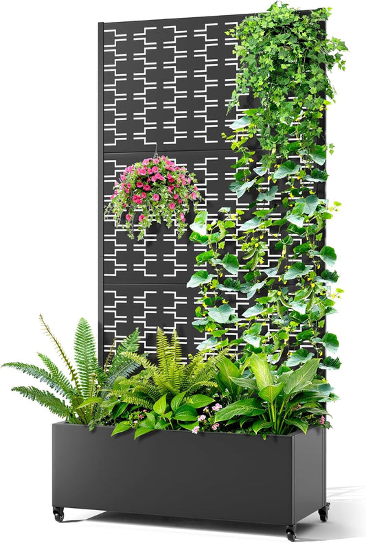 Metal Raised Garden Bed with Trellis, 2-in-1 Planter Box & Privacy Screen for Climbing Plants, Outdoor Standing Flower Bed with Drainage Holes, 35.4" L x 15.7" W x 70.1" H, Black-Brick