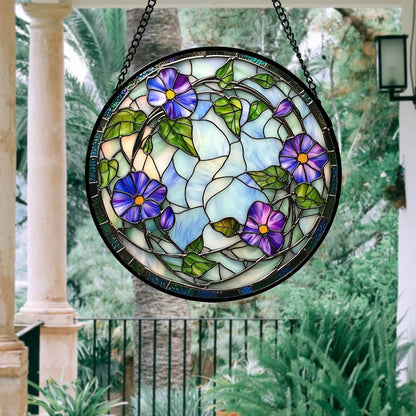 Stained Glass Window Hanging, Purple Morning Glory Flowers Suncatcher for Doors Window Home Plant Sun Catchers Decoration Mother's Day Birthday Gifts for Women, Men, and Mom 6.3x6.3 in