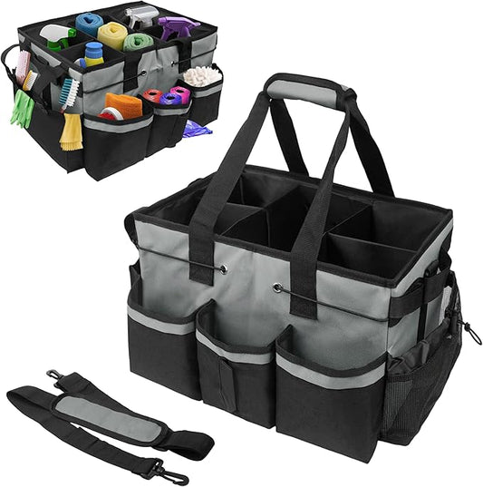 ZKOO Large Cleaning Caddy Bag with Handle, Built-in Sturdy Support Board, Adjustable Shoulder Strap, Multi-compartment Design Cleaning Supply Tote for Cleaners & Housekeepers (Gray)