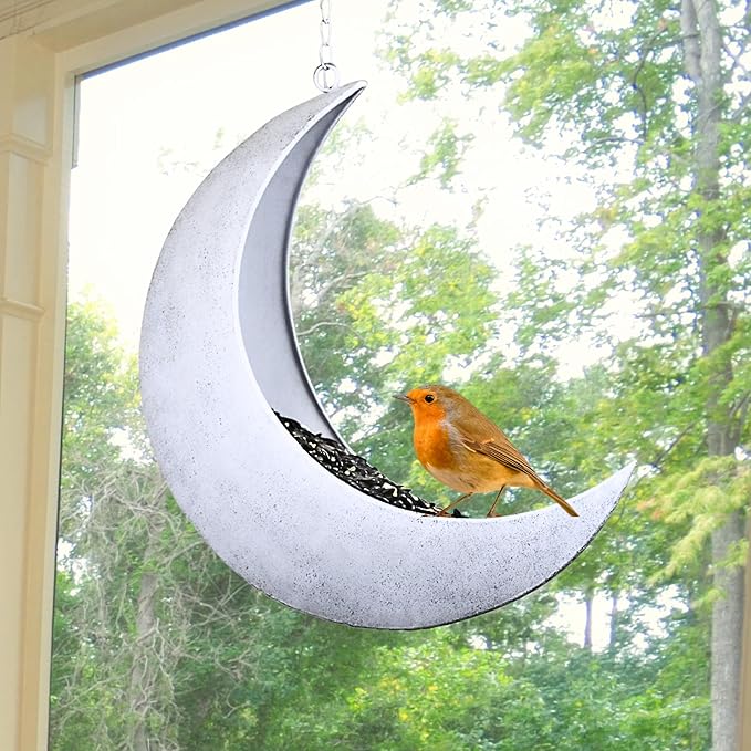 Hanging Moon Bird Feeder – Unique Metal Bird Feeders for Outdoors, Rustic White, Rust-Resistant, Drain Holes – Wild Bird Feeder for Bluebirds, Cardinals, Finches, and Backyard Birdwatching