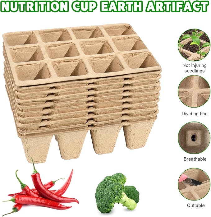 10 Packs Seedling Starter Trays, 120 Cells Biodegradable Seed Starter Plant Pots，Seed Germination Starter Tray Kit with 20 Labels, 2 Transplant Tools