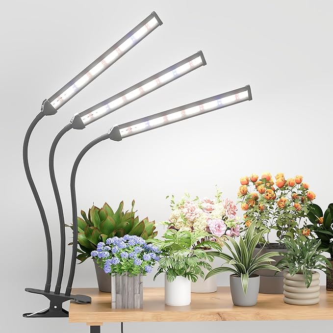 GooingTop Grow Light LED Gooseneck Lamp,Triple-Head Full Spectrum 222 LED Plant Lamp with Red Blue Light Clip-on Desk for Indoor Plants Growing,Diming & Auto Timer