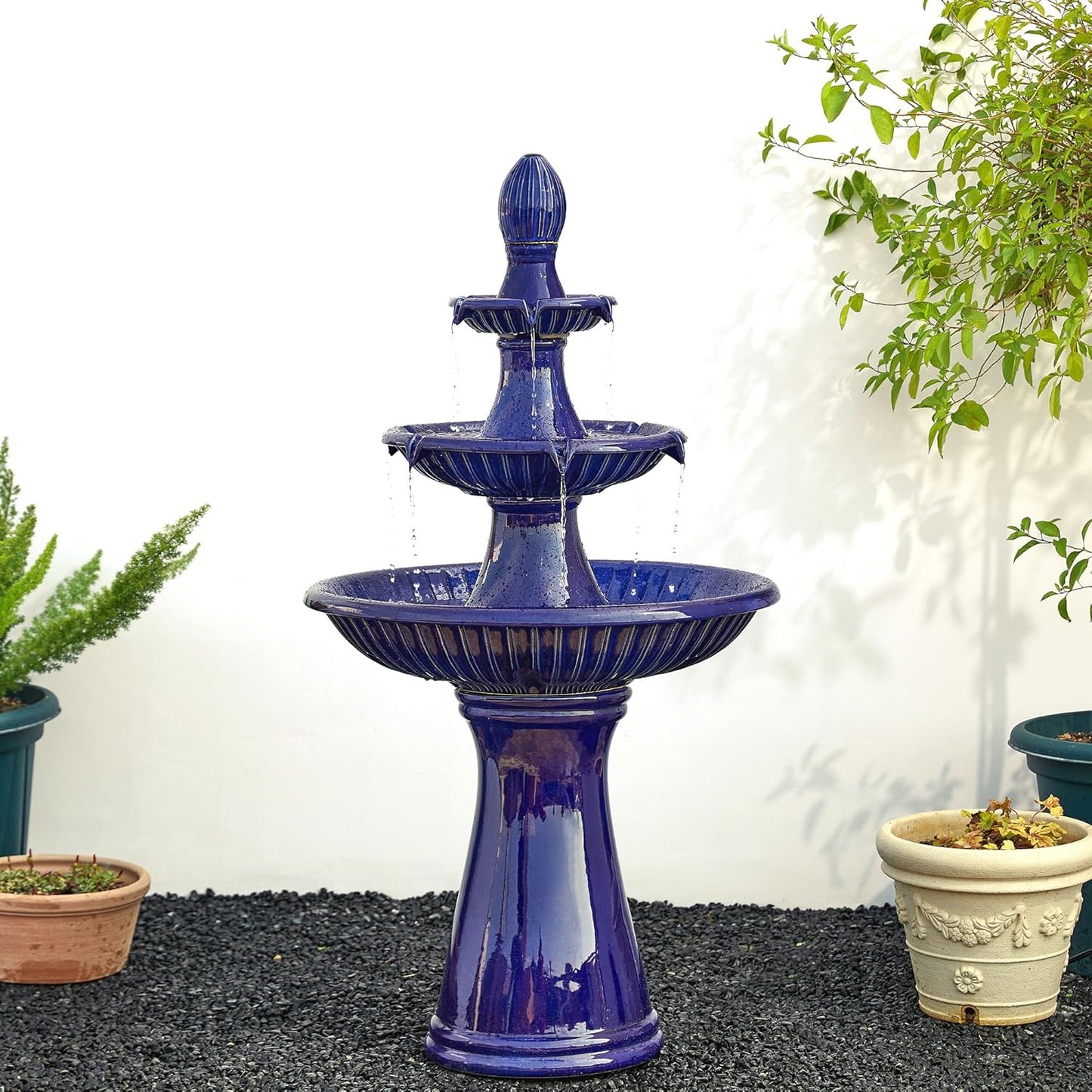 Glitzhome Outdoor Fountain and Waterfalls 3 Tier Patio Fountains, 45.25" H Ceramic Water Fountain with Pump & LED Light Garden Outdoor Floor Stand Fountains for Backyard Deck Lawn Porch, Cobalt Blue