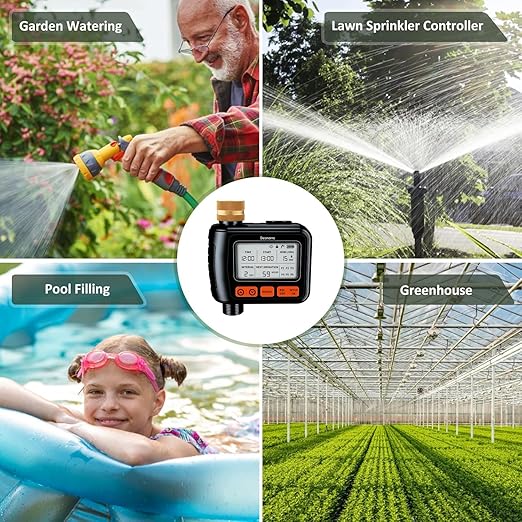 Sprinkler Timer, Programmable Hose Timers for Watering with Brass Swivel, Digital Irrigation Controller System with Rain Delay/Manual Mode/Automatic Watering for Gardens, Lawns, and Hose Systems