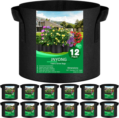 12-Pack 15 Gallon Thickened Non-Woven Grow Bags, Aeration Fabric Pots with Handles（Black）