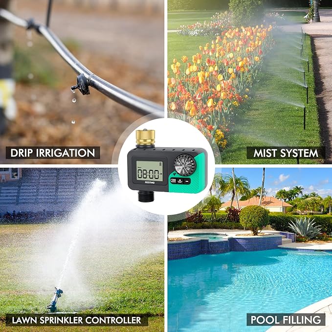 RESTMO Sprinkler Timer with Brass Inlet, Water Timer for Garden Hose, Rain Delay/Manual/Automatic for Outdoor Faucet, Drip Irrigation and Lawn Watering System