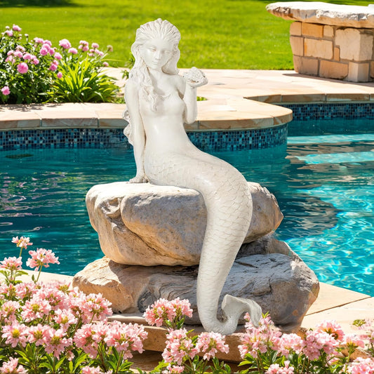 Mermaid Statue for Outdoor Garden,25.6Inch Large Weather-Resistant Sculpture for Yard & Patio Decor, Made of Durable Magnesium Oxide Stone in Antique White