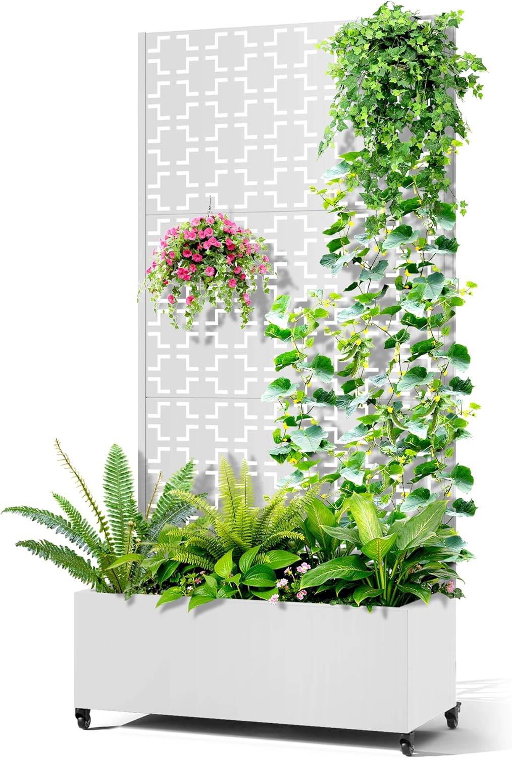 Metal Raised Garden Bed with Trellis, 2-in-1 Planter Box & Privacy Screen for Climbing Plants, Outdoor Standing Flower Bed with Drainage Holes, 35.4" L x 15.7" W x 70.1" H, White-Square