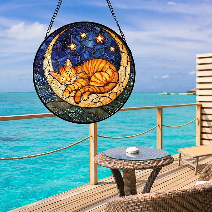 Stained Glass Window Hanging - Orange Moon Sleeping Cat Sun Catcher for Door Home Decor Blue Starry Sky Suncatcher Christmas Mother's Day Birthday Gifts for Women Men Mom Nana 11.8 in