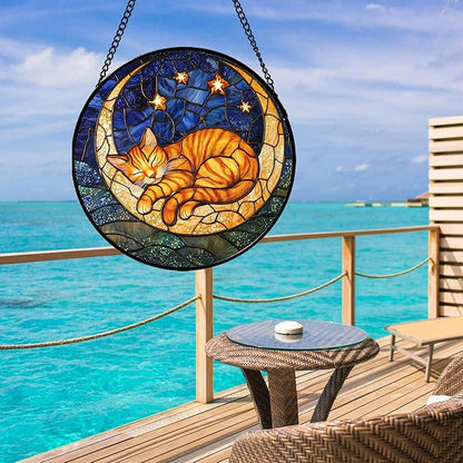 Stained Glass Window Hanging - Orange Moon Sleeping Cat Sun Catcher for Door Home Decor Blue Starry Sky Suncatcher Christmas Mother's Day Birthday Gifts for Women Men Mom Nana 11.8 in