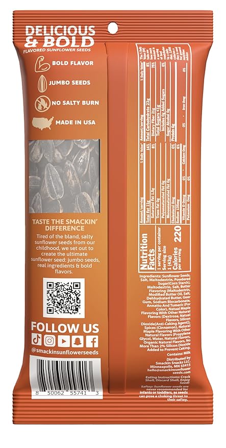 SMACKIN' Sunflower Seeds, Roasted Jumbo Small-Batch, American Made - Maple Brown Sugar. 1.5oz bags (6 Pack)