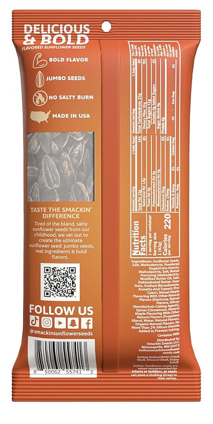 SMACKIN' Sunflower Seeds, Roasted Jumbo Small-Batch, American Made - Maple Brown Sugar. 1.5oz bags (6 Pack)