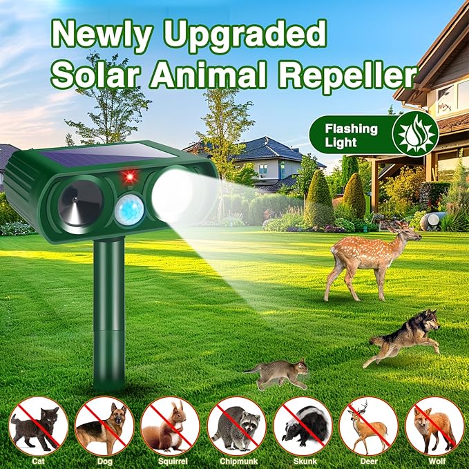 4Pack Solar Ultrasonic Animal Repellent Outdoor Deer Repellent Devices with Motion Detection&Flash Light Squirrel Cat Raccoon Rabbit Dog Deterrent,Keep Rodent Chipmunk Squirrel Away for Yard Garden