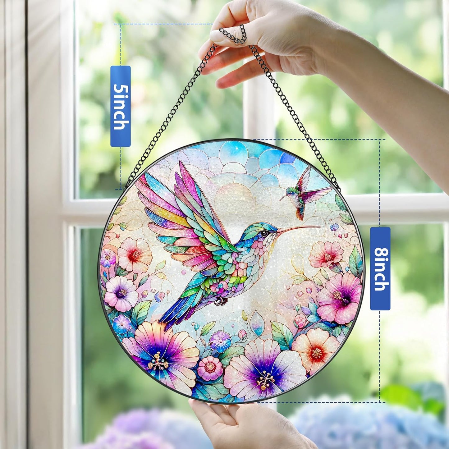 Stained Glass Window Hanging, Pauyadu Hummingbird Sun Catchers, Stained Glass Suncatcher, Hummingbird Decor Gifts for Women, Mom, Grandma, Wife, Lovers and Couple - 8 Inch