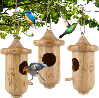 Hummingbird House for Outside Hanging, Wooden Hummingbird Gifts Nest 3 Pack with Hemp Ropes, Gardening Gifts Humming Bird Houses Home Decoration
