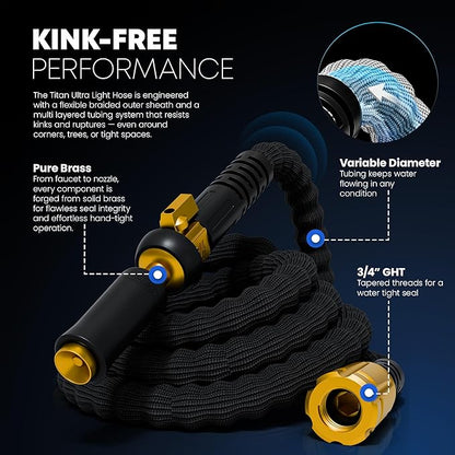 TITAN Flexible Garden Hose 30FT – Ultra Lightweight, Heavy Duty Water Hose with Brass Fittings & Jet Nozzle – Kink-Free, Non-Expanding, Durable Fabric Hose for Yard, Lawn, Car Wash, Outdoor Use