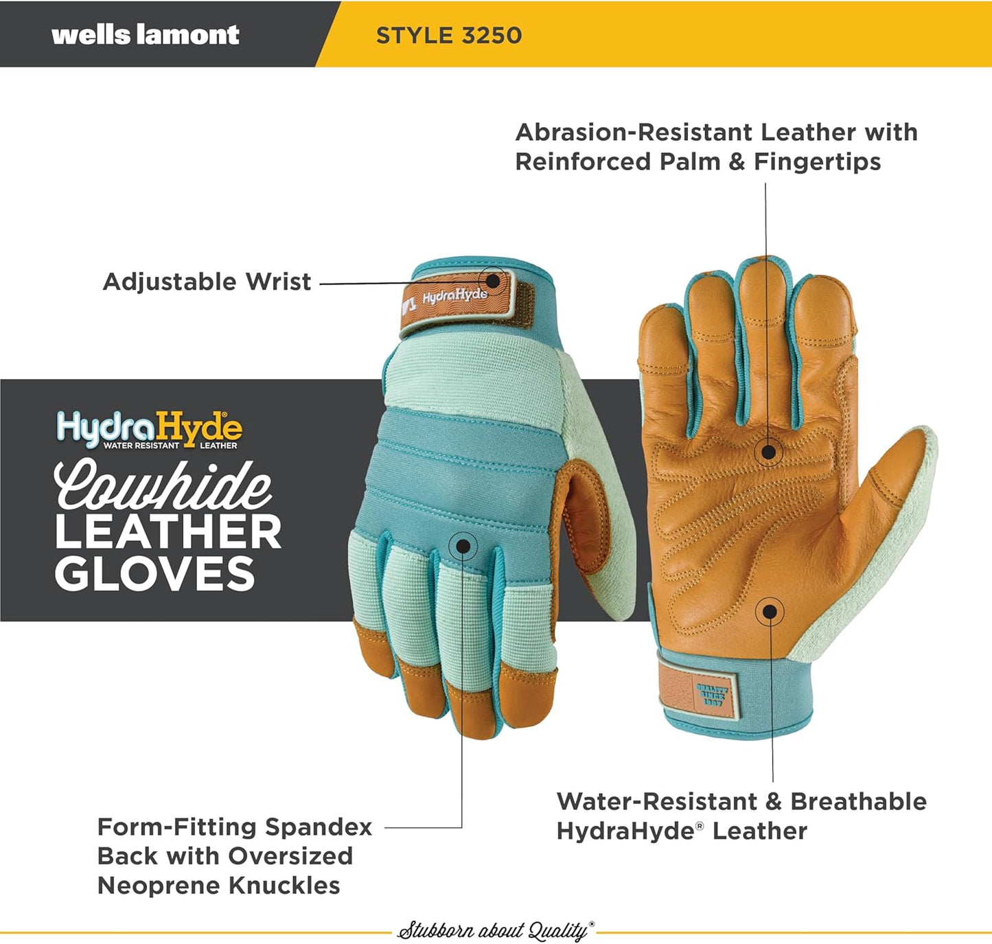 Wells Lamont Women's HydraHyde Leather Hybrid Gloves – Water-Resistant, Durable Cowhide Palm, Spandex Stretch Back – Ideal Landscaping/Farming/Gardening Gloves – Adjustable Wrist– Medium, Blue (3250M)