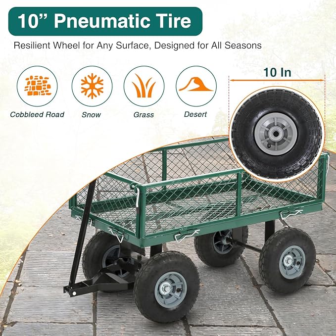 FDW Garden Cart Streel Heavy Duty 500 LBS Capacity，Utility Cart Wagon with Removable Sides and 180°Rotating Handle for Yard, Lawn and Garden Hauler (Green)