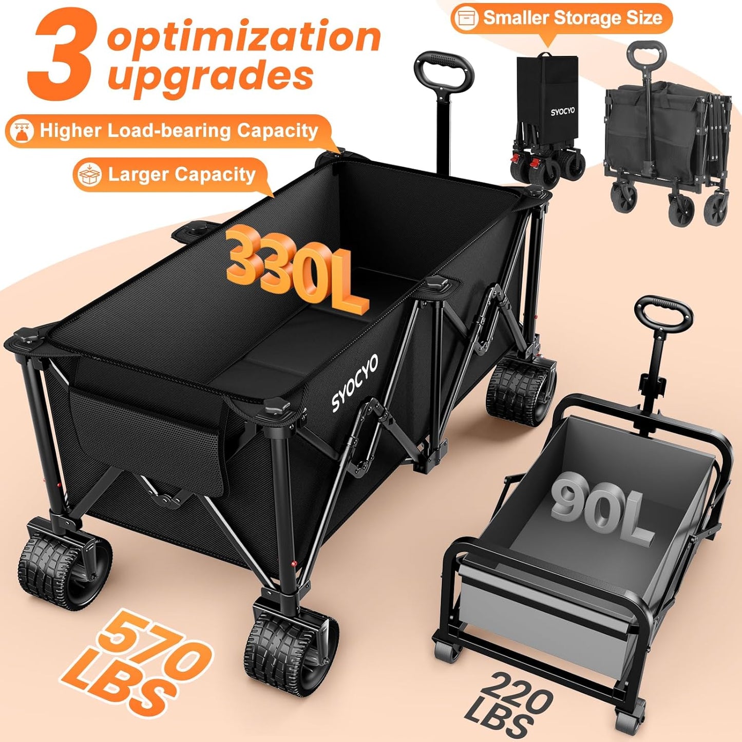 Collapsible Wagon Carts 570LBS Weight Capacity Foldable Beach Wagon with Big All-Terrain Wheels 330L Heavy Duty Utility Carts with Cup Holders for Camping, Garden, Sports, Grocery Black