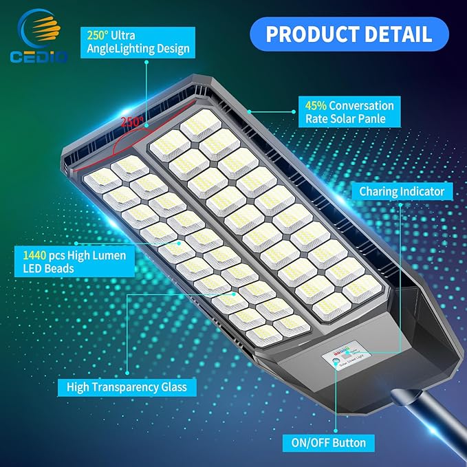 CEDIO Outdoor Solar Street Lights, Solar Lights IP66 Waterproof LED Street Light Dusk to Dawn, Flood Light with Motion Sensor for Yard (9800W-1PACK)