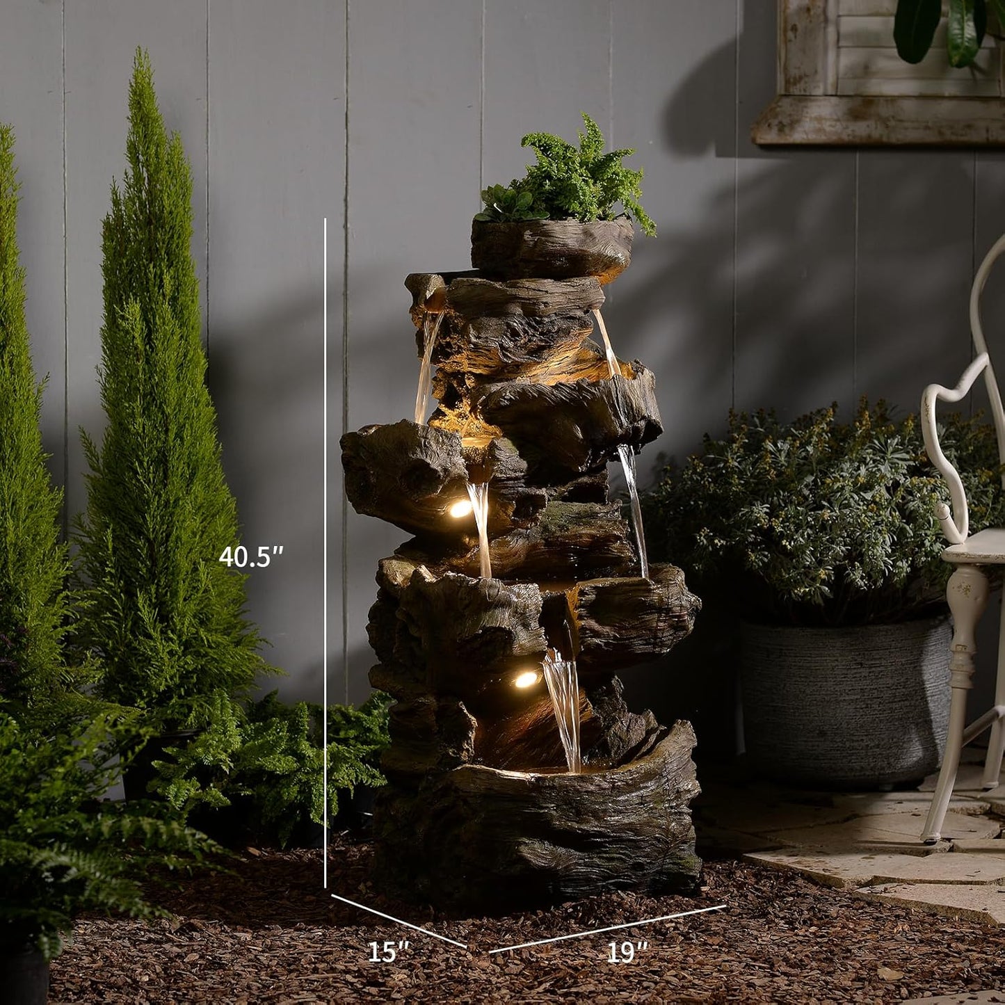 40.5" H Outdoor Water Fountain 5 Tiers Large Cascading Wooden Imitative Wood Natural Waterfall Outdoor Fountain Resin Imitation Wood with LED Lights for Garden, Patio, Porch