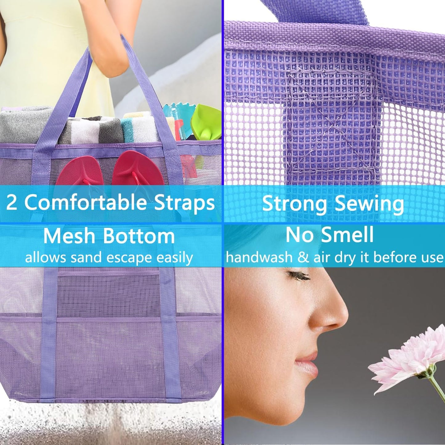 Mesh Beach Bag, Large Beach Tote with Zipper Pocket for Family Pool Bag for Toys & Vacation Essentials