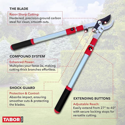 TABOR TOOLS GG21A Extendable Bypass Lopper with Compound Action, 27-40 Inch Telescopic Tree Trimmer, Long Handled Branch Cutter with ⌀ 1 1/2 Inch Cut Capacity, Makes Clean Neat Cuts.