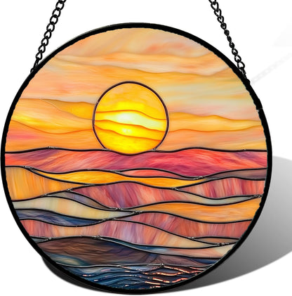 Stained Glass Window Hanging, Orange Sunrise Suncatcher Diamond Glass Panel Hangings Scenery Sun Catchers Decor for Birthday for Women, Men, Wife, Aunt, and Mom 6.3x6.3 in