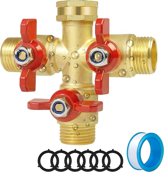 Full Flow 3 Way Hose Splitter, Solid Brass Garden Hose Splitter Valve with Metal Handle, Heavy Duty High Flow Spigot Splitter with Shut off Valve, 3/4 Inch Garden Tap Splitter