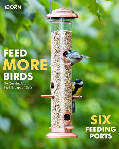 iBorn Metal Bird Feeders Brushed Copper Wild Bird Feeder for Outdoors Hanging All Metal Brushed Copper Finishing 14 Inch 6 Port,Pack of 2