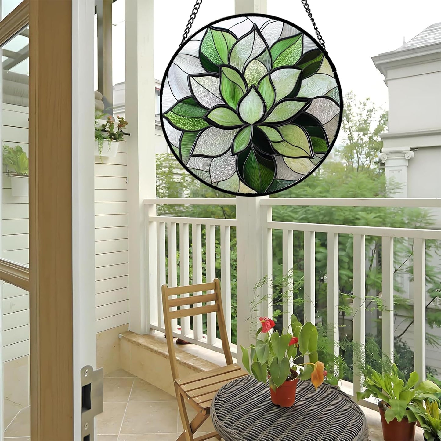 Stained Glass Window Hanging - Green Succulent Plants Suncatcher for Doors Garden Patio Floral Sun Catchers Decor Christmas Mother's Day Birthday Gifts for Women Men Mom Nana Friend 11.8 in