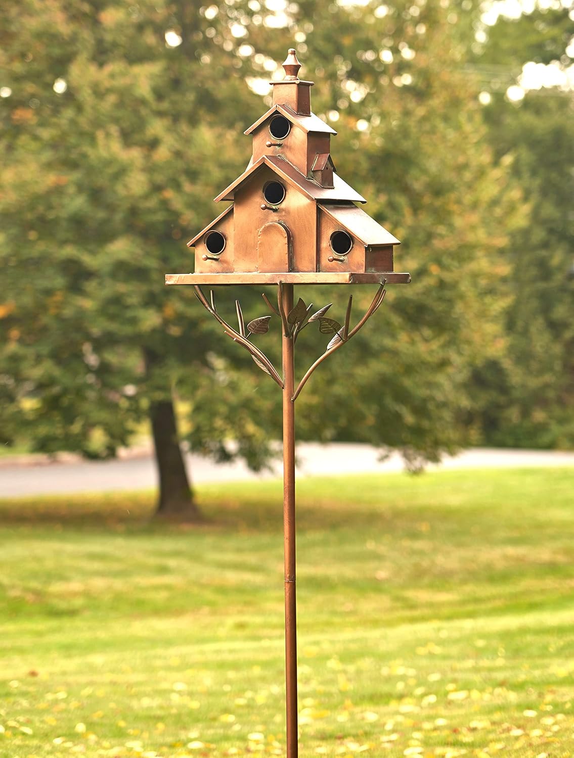 Large Copper Colored Multi-Birdhouse Stakes, Room for 4 Bird Families in Each (Church Style with Cascading Roof)
