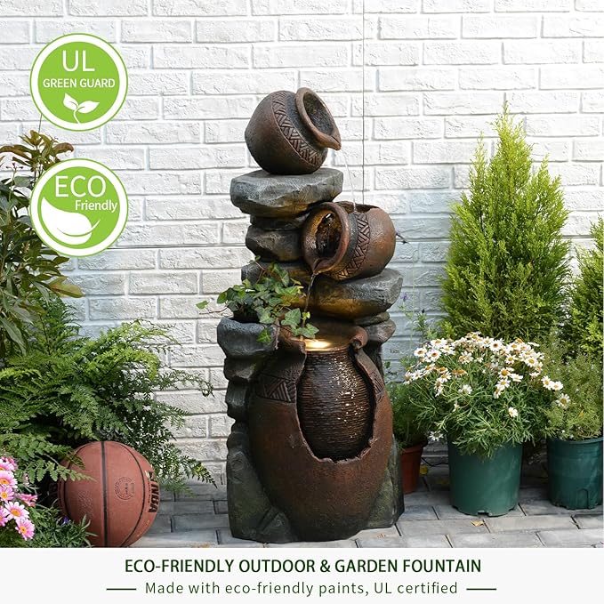 Outdoor Garden Water Fountain for Garden, Patio, Backyard, Deck, Porch and Home Art Decor, 3 Tiers Modern Cascading Outdoor Fountain with Lights 38.4" H