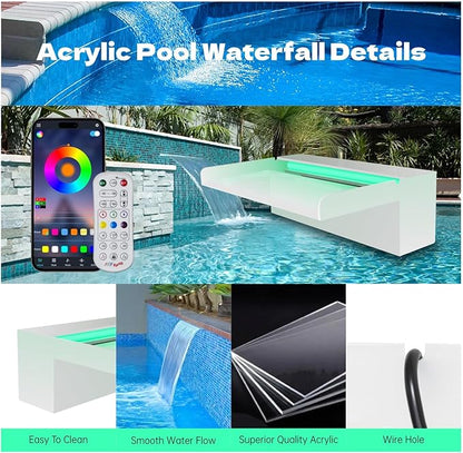 Pond Waterfall Spillway, APP Control Multi-Color LED Light Outdoor Pool Fountain, Acrylic Water Spillway Koi Fountains Kit for Garden Patio Swimming Pool Decoration - 23.6"x7.8"x3.9"
