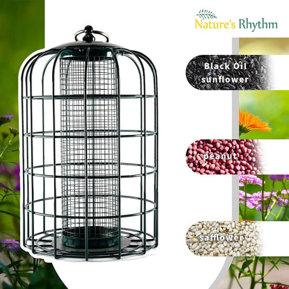 Nature's Rhythm Outdoor Hanging Bird Feeder Cage Mesh Tube Squirrel Proof Wild Bird Feeder with Large Metal Seed Guard Deterrent