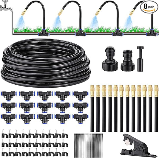 Mornajina Automatic Drip Irrigation Kits Garden Irrigation System, Includes 50FT 5/16 inch Irrigation Tubing Hose & 15Pcs 360° Bending Dropper Atomizing Mist Nozzles Tee for Garden Watering System