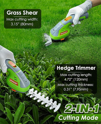 Cordless Grass Shear & Hedge Trimmer - 2 in 1 Handheld 7.2V Small Electric Bush Trimmer, 2.0Ah Rechargeable Battery Powered Shrub Trimmers Grass Cutter for Garden, Yard, Lawn Care - Grey/Green