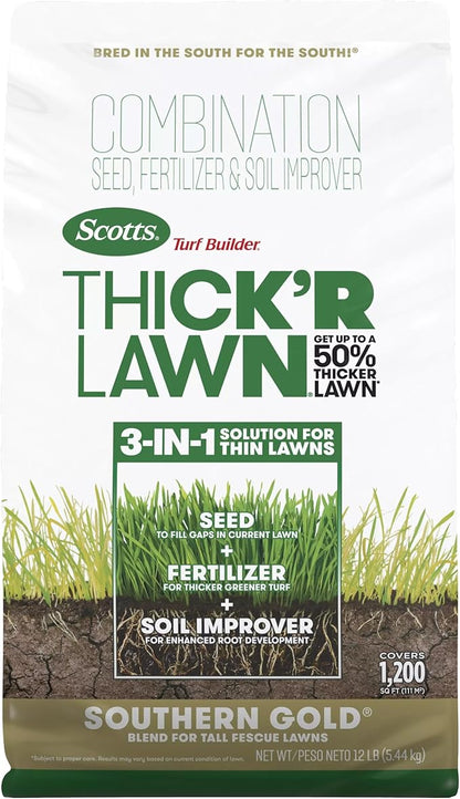 Scotts Turf Builder Thick'R Lawn Southern Gold Blend for Tall Fescue Lawns, Grass Seed, Fertilizer, and Soil Improver, 12 lb.
