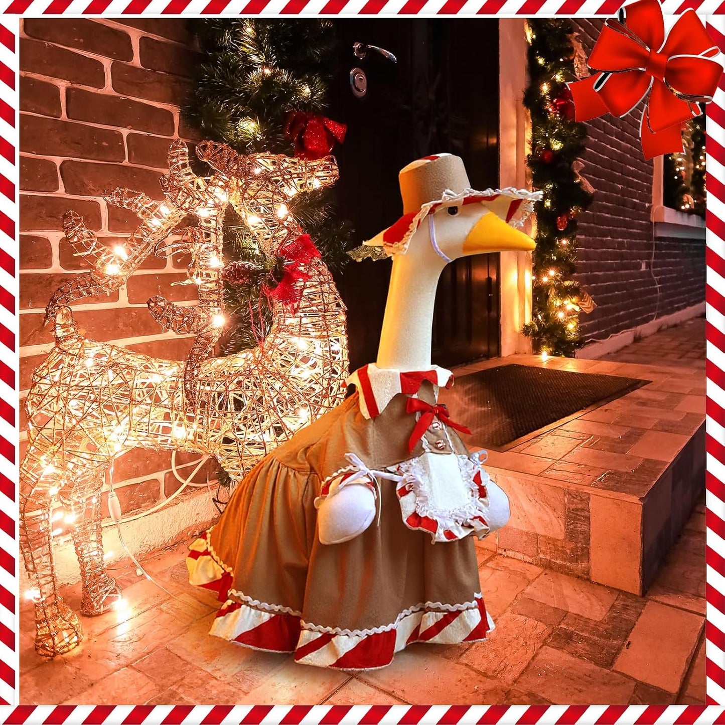 Christmas Gingerbread Porch Goose Outfit 23 Inch Red White Candy Goose Clothes for Cement or Plastic Geese Costume for Yard Lawn Garden Patio Outdoor Concrete Santa Duck Statue Dresses Holiday Decor