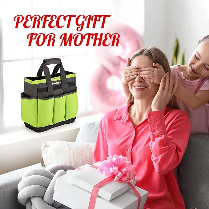 WORKPRO Garden Tool Bag with Waterproof Plastic Base, 8 Pockets Gardening Bag, Heavy Duty Oxford Garden Tote Caddy, Gardening Tool Kit Holder for Indoor and Outdoor(Tools NOT Included)