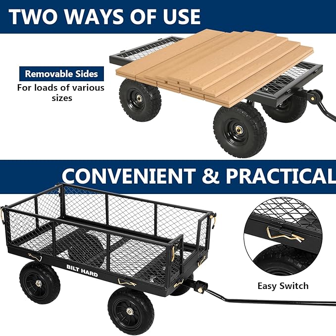 BILT HARD 10" Flat Free Tires Heavy Duty Garden Cart with 180° Rotating Handle and Removable Sides, 4 Cu.Ft 880 lbs Capacity Utility Steel Wagons for Outdoor, Yard