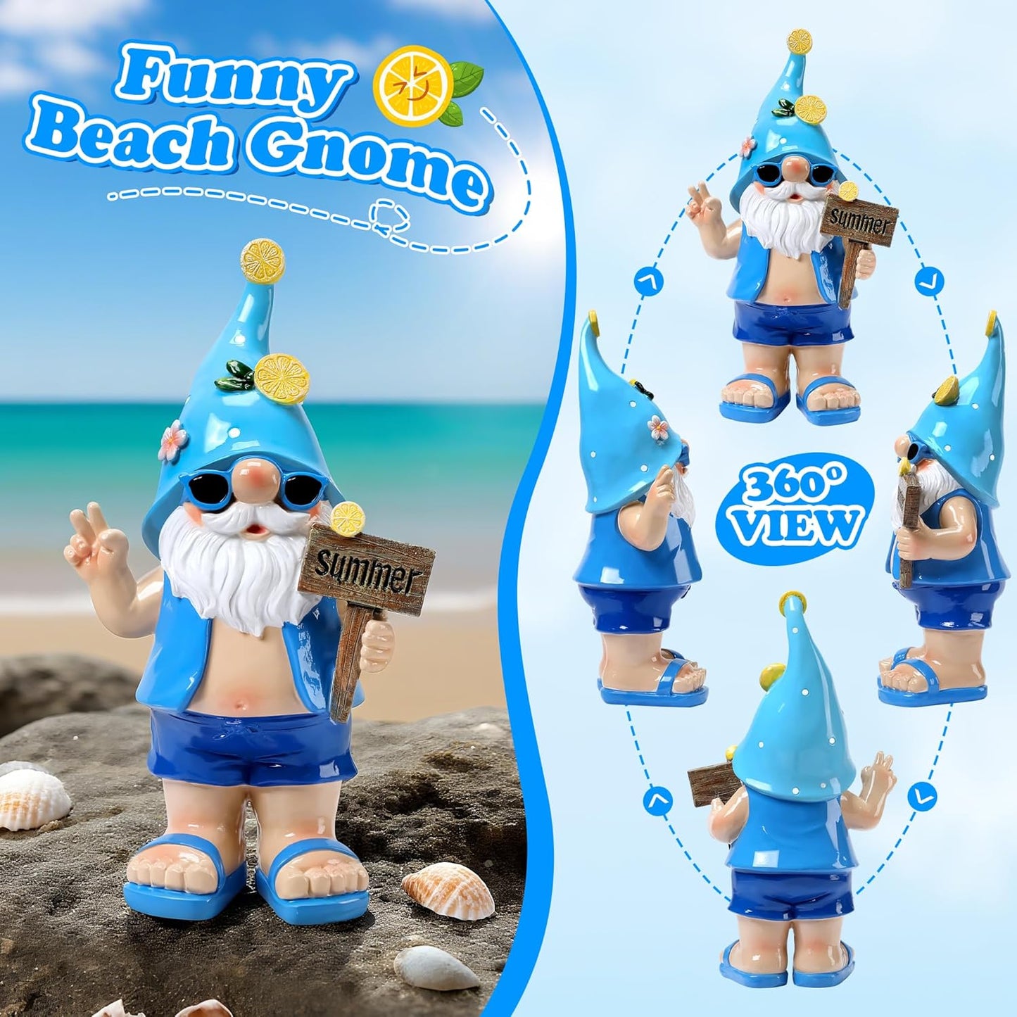 Outdoor Summer Gnomes Statue Beach Gnome Garden Decor for Outside, Beach, Yard, Lawn Ocean Sea Theme Home Decorations for Table, Shelf, Blue Gnome Figurine Funny Elf Gifts for Women
