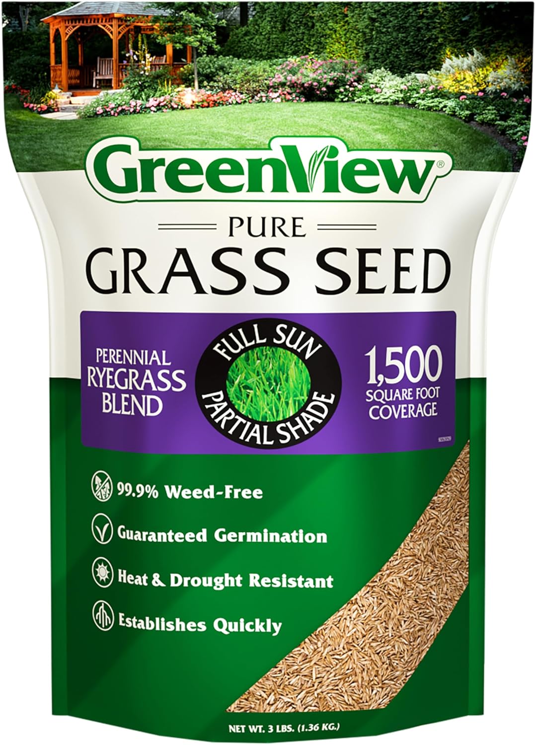 GreenView Pure Grass Seed Perennial Ryegrass Blend, 3 lb. Bag – Covers up to 1,500 sq. ft.