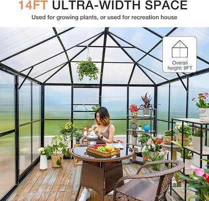 AMERLIFE 14x9.5x9FT Walk-in Polycarbonate Greenhouse with Quick Connector, Fast Assembly Aluminum Greenhouse for Outdoors, Swing 2 Doors, Black