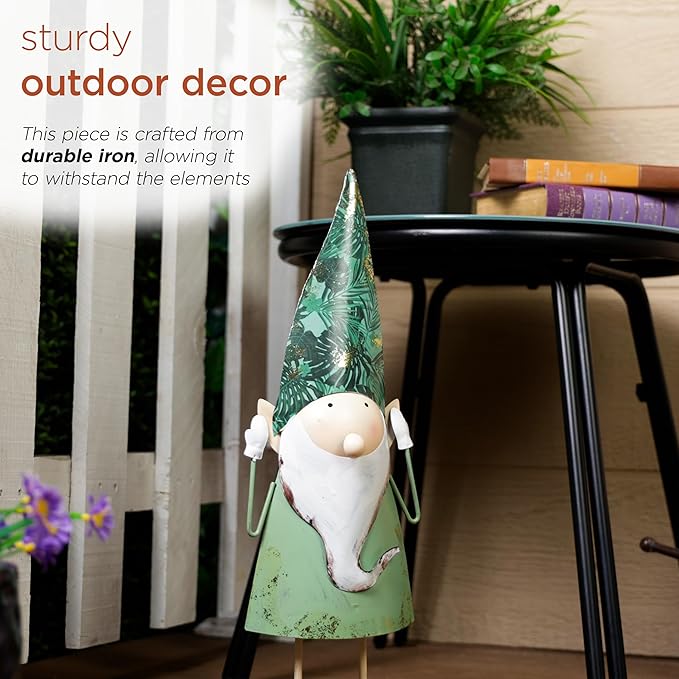 Alpine Corporation - 19" Tall Outdoor Garden Gnome Yard Decoration - Metal Statue with Hear No Evil Expression - Durable, Weatherproof Lawn Sculpture for Patio, Deck, Yard