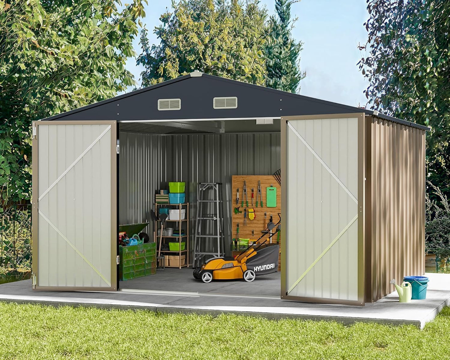 Greesum 10x8FT Outdoor Storage Shed, Utility Tool Shed Metal Storage Garden Shed with Door & Lock for Patio Storage, Brown