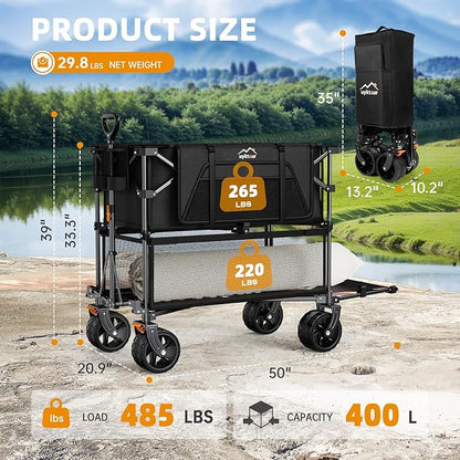 Foldable 50''L Extra Long Double Decker Wagon for Sport, 400L Collapsible Heavy Duty Wagon Cart with Big Wheels, Utility All-Terrain Large Extender Cart for Outdoors