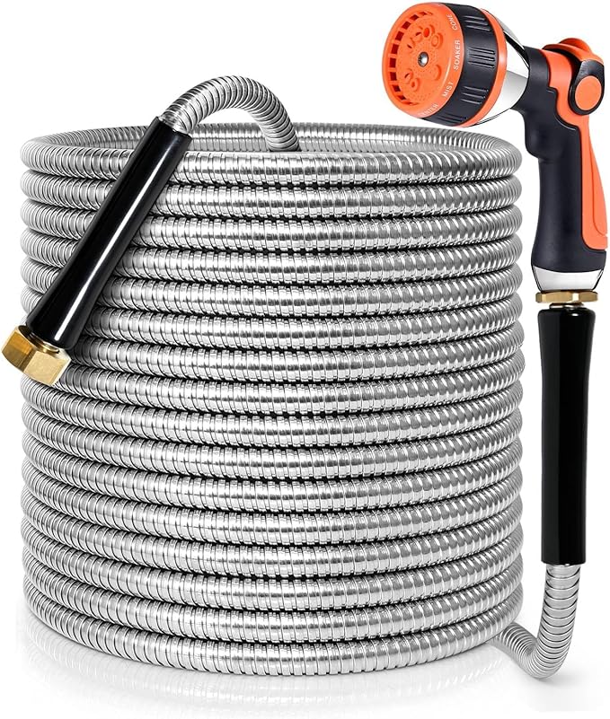 YAMATIC 100FT Stainless Steel Garden Hose with 10 Pattern Spray Nozzle, Heavy Duty Metal Water Hose, Kink-Free, Rust Resistant Hose for Yard, Lawn, RV, Outdoor