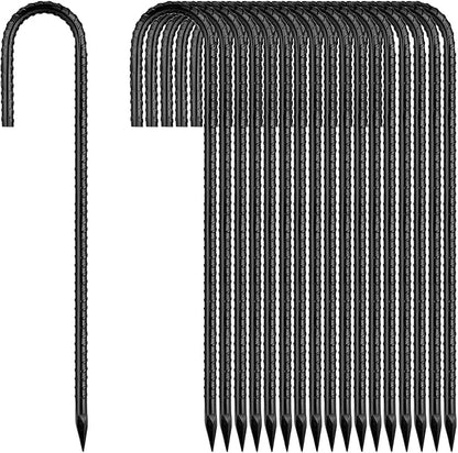 Ground-Stakes-Heavy-Duty-12 inch, J-Hook Rebar Stakes Black Coated Anti-Rust 50pcs Garden Stakes Metal Ground Anchors for Garden Dog Fence Chicken Coop Christmas Decorations Deer Fence